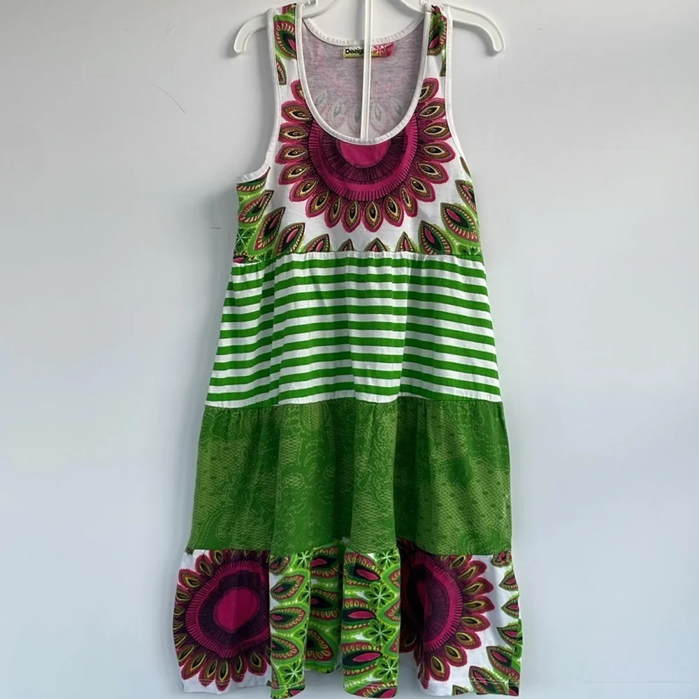 Desigual Girls Cotton Dress with Green and Pink Patterns 11/12